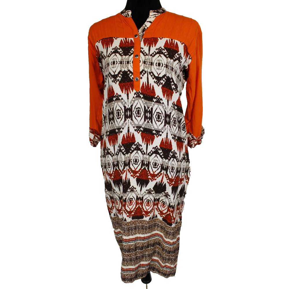 Soch Indian Kurta Dress Women XL 3/4‎ Sleeve Rolled Sleeve Twee Orange White